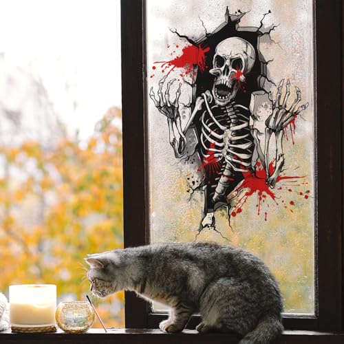 Halloween Wall Decor 3D Horror Skeleton with Blood Wall Decals for Living Room Self-Adhesive Removable Skeleton Wall Stickers for Home Room Bedroom Wall Art Halloween Party Decorations