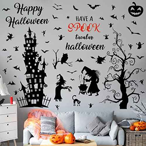 6 Sheets Halloween Wall Decals Removable Tall Haunted House Stickers Decorations DIY Spooky Garage Door Stickers Witch Bats Ghost Tree Castle Window Decals for Wall Room Nursery Halloween Party