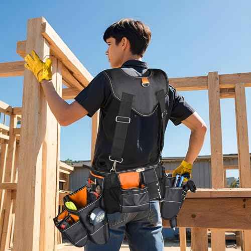 Professional 7-Piece Carpenter Electrician Tool Belt with Soft Padded Suspender for Men£¬Heavy Duty Construction, 35 Pockets£¬36"-50" (1, Black Suspender 1Pcs)