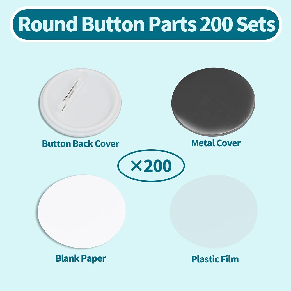Happizza 200 Sets 58mm(2.25 in) Blank Pin Back Buttons Parts for Button Maker Machine 58mm, Round Badge Making Supplies, Includes Metal Cover, Plastic Button Back Cover, Clear Film&Blank Paper