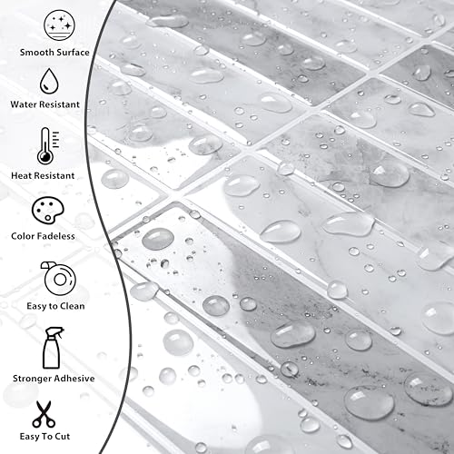 ReWallpaper Marble Peel and Stick Backsplash Waterproof Kitchen Tiles for Wall 12"x12" Removable Grey White Rectangular Subway Tile Self Adhesive Stick on Backsplash for Kitchen Laundry Rooms 3-Sheet