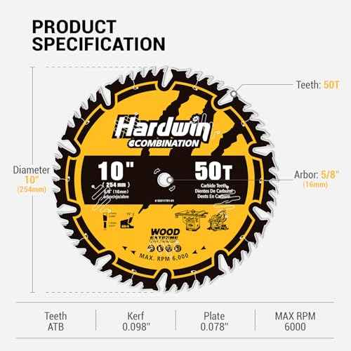 10-Inch 50-Teeth ATB Circular Saw Blade with 5/8 Inch Arbor, Ideal for Table Saws, Professional Blade for Cutting Wood, Plywood, and Wood Composites