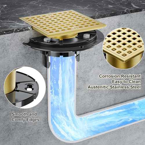 Brushed Gold Shower Drain 4-1/4 Inch - Square Shower Floor Drain Kit with ABS Flange for 2" or 3" Pipe, Drain with Hair Strainer,Removable Strainer Cover,SUS304 Stainless Steel & CUPC Certified