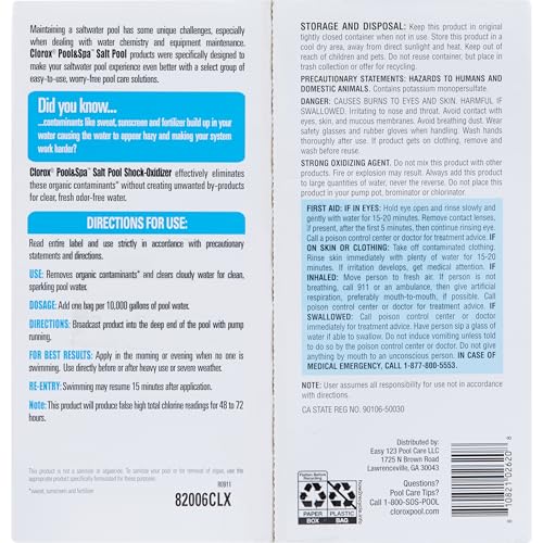 Clorox® Pool&Spa™ Salt Pool Shock-Oxidizer, Chlorine-Free Shock Oxidizer, Eliminates Organic Contaminants and Clears Cloudy Water (6-Pack)