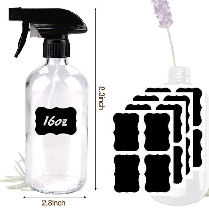 Bontip Glass Spray Bottle, Clear Glass Spray Bottle Set & Accessories Refillable for Plants Window Cleaners Aromatherapy Facial Hydration Watering Flowers Hair Care (2 Pack/16 oz) (Transparent)