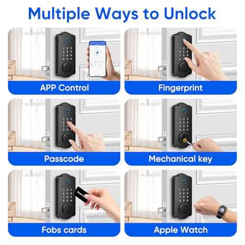 Fingerprint Smart Door Lock, Keyless Entry Deadbolt, Electronic Biometric Deadbolt with Phone/Watch App Control, Auto Lock with Touchscreen Keypad for Bedroom, Front Door, 7 Ways to Unlock