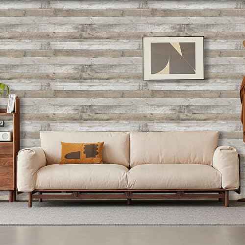 LXCREAT Faux Wood Butcher Block Contact Paper, Shiplap Peel and Stick Wallpaper Wooden Planks for Walls 17.5"X118", Natural Grey Self Adhesive Removable Rustic Wallpaper for Shelf Kitchen Decoration