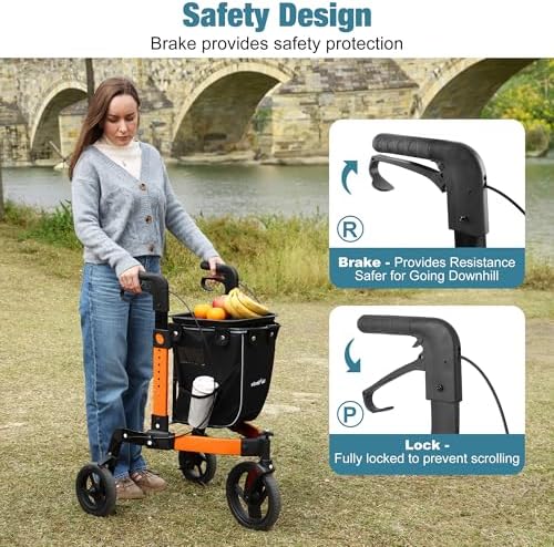 3 Wheel Rollator Walker, Walkers for Seniors, Rollator Walker Lightweight Foldable, with Tray and Large Storage Bag, 10 Inch Front Wheel for All Terrain, Orange