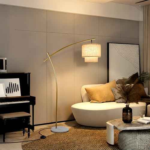 Lightdot Arc Floor Lamp for Living Room, Modern Standing Tall Lamps with Double Linen Lampshade, Tall Hanging Pole Lamp with Stable Metal Base & Foot Switch for Bedroom Home Office-Gold