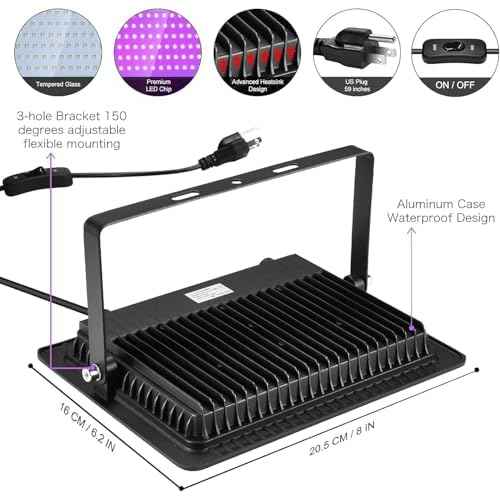 3 Pack 150W LED Black Lights, Blacklight Flood Light Outdoor with Plug and Switch, IP66 Waterproof for Dance Party, Glow in The Dark, Halloween Lights, Body Paint, Fluorescent Poster