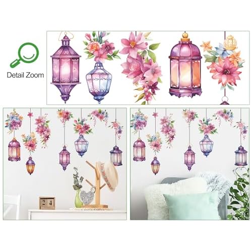 Hanging Flower Vine Wall Stickers Floral and Lamp Peel and Stick Wall Art Decals Flower Vine Wall Decor for Living Room Bedroom TV Background Spring Party Decoration