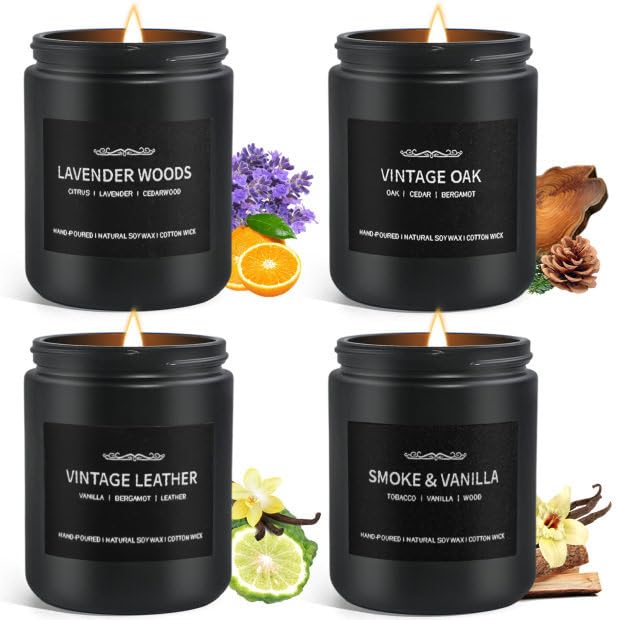 Scented Candle Set, Men Candle Set, Scented Candles for Home, Gifts for Men, 4 Pack Manly Candles Gifts for Mens Scents of Smoke Vanilla/Leather/Oak/Lavender Wood