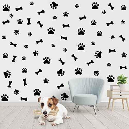 76 Pieces Dog Paw Decal Paw Print Sticker Dog Room Decor for Walls Pup Removable Vinyl Wall Sticker Decoration Animal Footprint for Nursery Bedroom Room Decor Art Mural DIY, Black