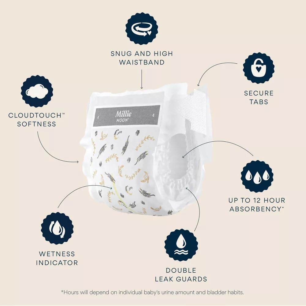 Millie Moon Luxury Diapers – Ultra Soft Cloud Touch Disposable Diapers with 12 Hour Absorbency & Wetness Indicator (N - 88ct)