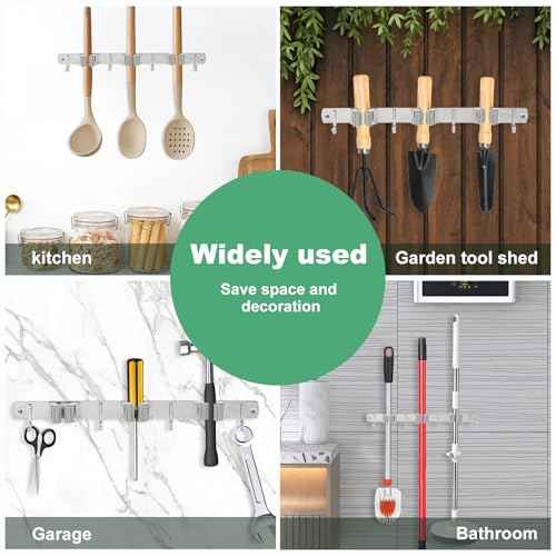 5Pcs 3 Racks 4 Hooks Stainless Steel Broom Mop Holder Anti Slip Wall Mount Broom Storage Rack Strong Load Bearing Waterproof Mop Broom Organizer for Bathroom Kitchen Garage