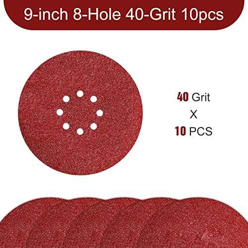 Awutzut 9 inch Sanding Discs 40 Grit 8 Holes Hook and Loop Sandpaper for Drywall Sander 10Pack