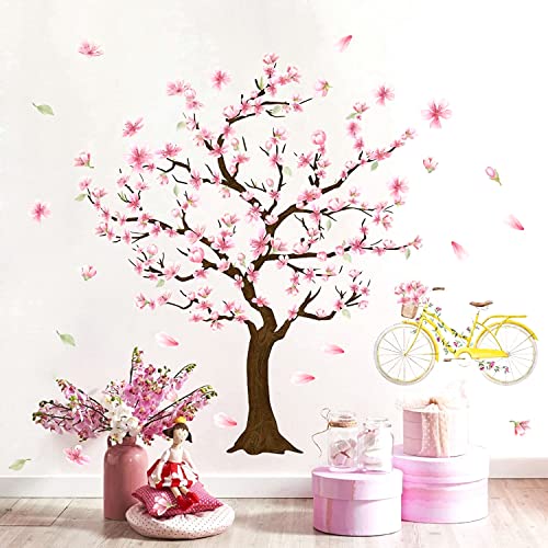 Cherry Tree Wall Sticker Cherry Blossom Tree Wall Decals Large Trees Sticker Peel and Stick Floral Trees Decals Pink Flower Stickers for Girls Room Bedroom Nursery