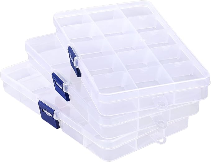 Fake Nail Storage Box, 3PCS 15-Grid Rhinestone Organizer Case with Divider, Clear Plastic Empty Container for Art Craft Sewing Screw Rock Collection Fishing Tackle, Bead Jewelry Display Holder