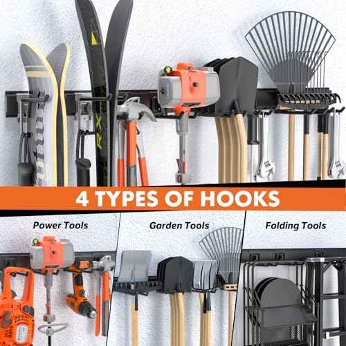 48-Inch Heavy Duty Garage Tool Organizer, Wall Mount Storage System with Adjustable Metal Hooks, 440lbs Capacity, Ideal for Garden Tools, Shovels, Rakes, Brooms, Ladders (48¡®¡¯ Metal Hooks)