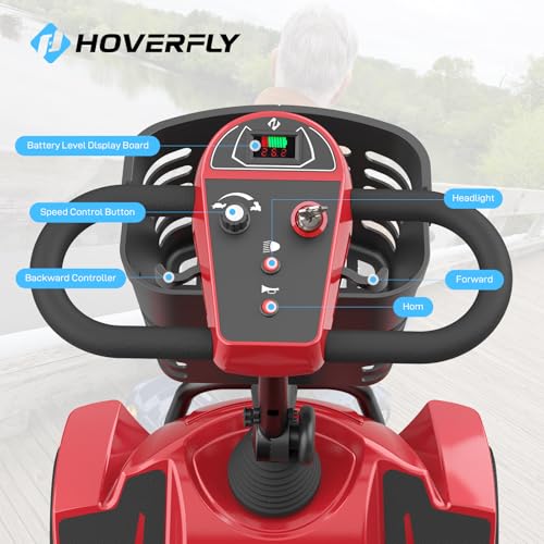 Hoverfly T4 Mobility Scooter, 4-Wheel Mobility Scooter for Adults - 12.4 Miles Range, 3.7 mph, Smart Safety Features, Removed Battery, Rotating Swivel Seat, Headlight, Basket, Charger Included Red