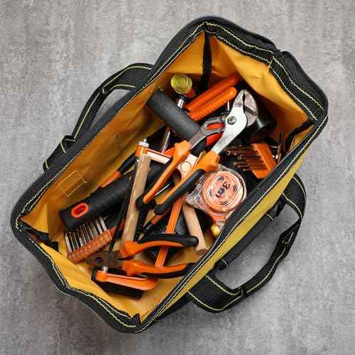 Sanwuta 3 Pack Tool Bag for Men with Waterproof Hard Bottom, Heavy Duty Tool Bag Wide Mouth Tote for Various Instrument, Electrician Carpenter Mechanic (18 Inch,Blue, Red, Yellow)