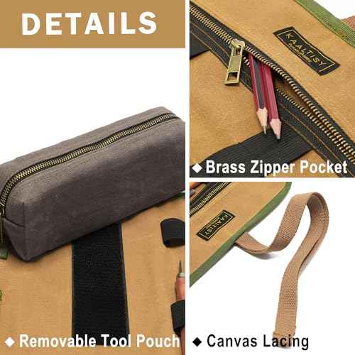 16OZ Waxed Canvas Tool Roll Bag, Heavy Duty Tool Storage Roll Bag with 7 Tool Slots & 1 Detachable Pouch, Khaki Tool Organizer for Wrenches and Tools (23.5"L x 9.5"W)