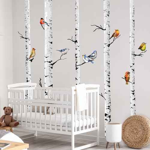 Supzone Large Birch Tree Wall Decals 5 White Tree Forest Birds Wall Stickers Peel and Stick Wall Art Decor for Bedroom Living Room Kitchen Sofa TV Backdrop Wall Decoration