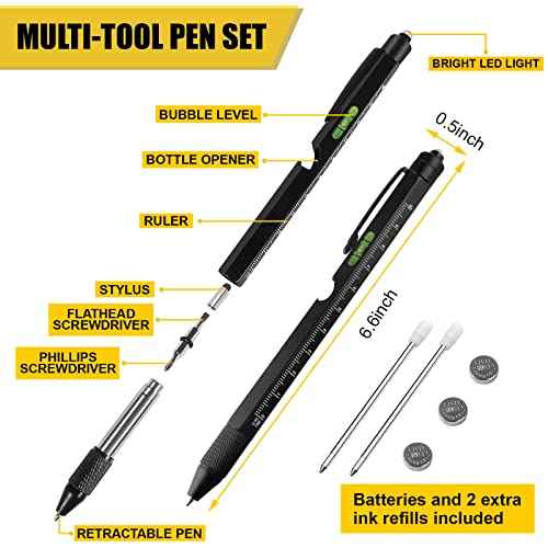 Christmas Stocking Stuffers Gifts for Men, White Elephant Gifts for Adults Dad Boyfriend Him Husband, 9 in 1 Multitool Tool Pen Set, Screwdriver, LED Light, Stylus, Bottle Opener, Ruler, Level(Black)