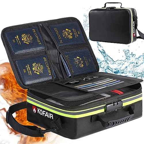 Fireproof Document Bag (16 x 11 x 5 inch) with Lock & Reflective Strip, Fireproof Document Lock Box with Shoulder Strap, Multi-Layer Important Document Safe Storage, Fire Safe File Organizer