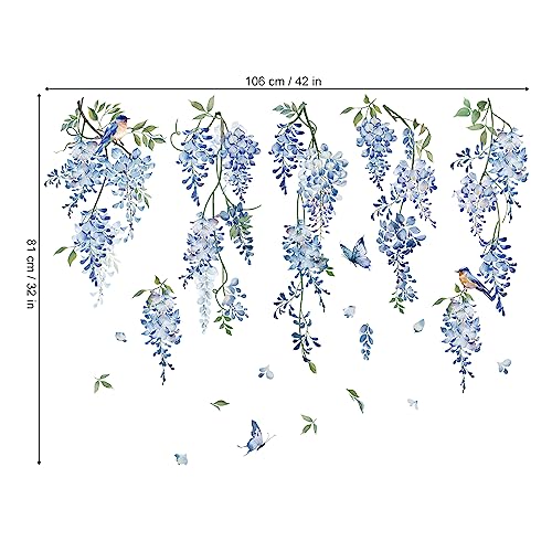 decalmile Hanging Flower Vine Wall Decal Blue Wisteria Floral Vines Wall Stickers Living Room Bedroom Sofa TV Background Wall Decor