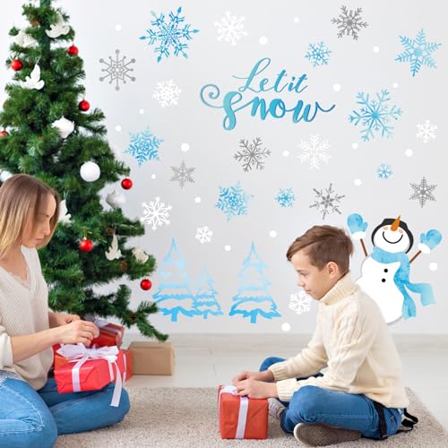 Winter Snowflake Snowman Wall Stickers Christmas Window Decals Small Room Mural Stickers for Party Home Bedroom Kitchen Decor, 7.9 x 11.8 Inch, 9 Sheets