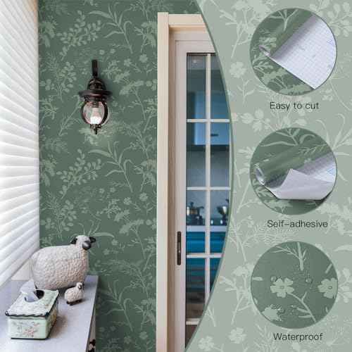 Heroad Sage Green Peel and Stick Wallpaper Boho Floral Contact Paper for Cabinets Waterproof Leaf Removable Wallpaper Self Adhesive Decorative Wall Paper for Bedroom Bathroom Walls 17.3''x78.7''