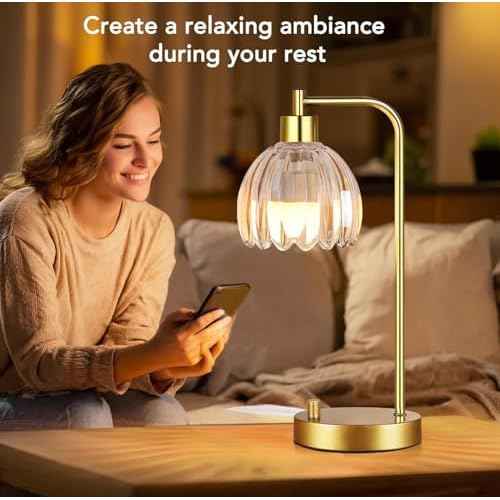 Glass Table Lamp Set of 2,Small Gold Bedside Lamps Dimmable Boho Bedroom Lamp with Tulip Flower Amber Lamp Shade,Vintage Mid Century Modern Mini Nightstand Lamp for Bedroom Living Room