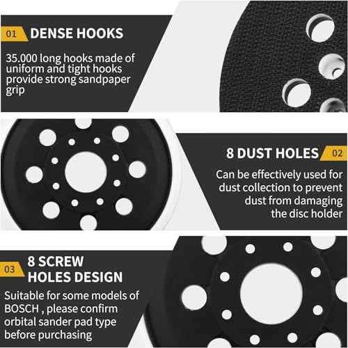 5" Hook & Loop Replacement Sander Pad RS034 & RS035 Compatible with Bosch Random Orbital Sander ROS20 ROS20VS ROS20VSC ROS20VSK GEX12V GEX18V ROS10, 5 Inch 8 Holes Hard Sand Backing Pad