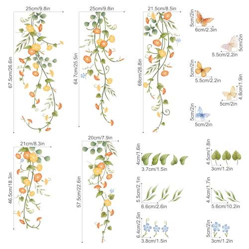 Hanging Flowers Vine Wall Stickers Yellow Morning Glory Wall Decals Autumn Floral Butterflies Art Wall Decor for Bedroom Living Room Sofa TV Backdrop
