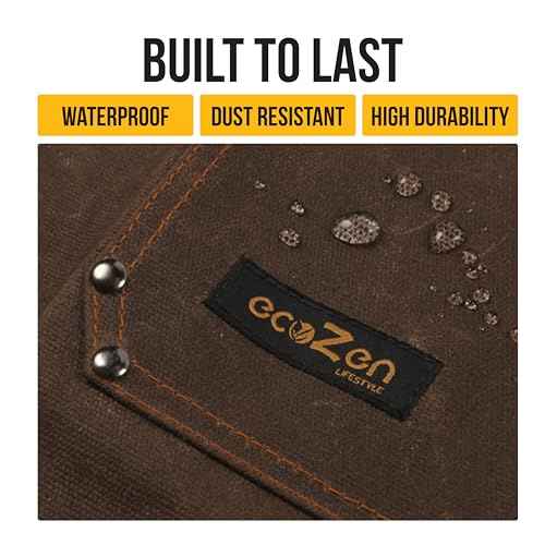 ecoZen 16oz Waxed Canvas Work Apron with Pockets - Waterproof, Fully Adjustable to Comfortably Fit Men and Women, 27 x 34 inches, Tough Tool Apron for Lasting Protection - Brown, Size S to XXL