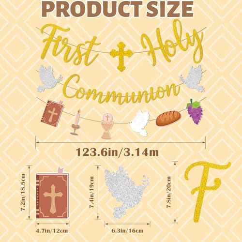 Pre-Strung 9.8 Ft First Holy Communion Glitter Gold Banner, Christian Religious Banner Baptism Decorations for Kids Boy Girl Baby Shower Party Supplies