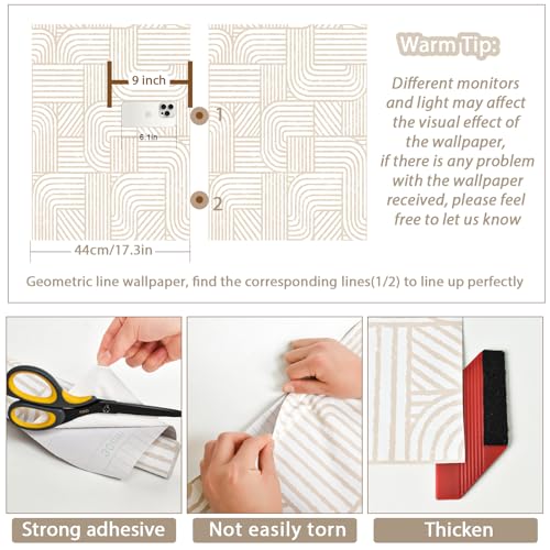 Modern Peel and Stick Wallpaper Boho Contact Paper for Cabinets Drawers Beige and White Striped Geometric Self Adhesive Wallpaper for Bedroom Bathroom Wall Decor Neutral Vinyl 17.3inW 78.7inL