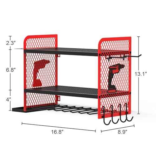 Power Tool Organizer Wall Mount Heavy Duty, 3 Tier 4 Drill Holder 17 Inch, Tool Holder and Storage Rack for Garage Organization (Red)