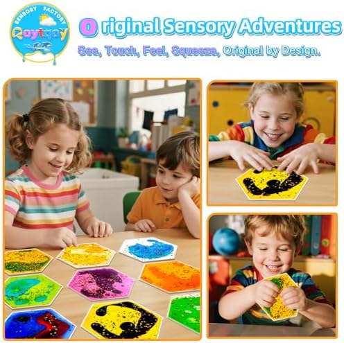 Squishy Liquid Sensory Gel Tiles 12 Packs - Hexagon Liquid Sensory Pads for Stress Relief & Fidget Fun, Washable Sensory Floor Tiles for Toddles 3+ Home, Classroom, Travel