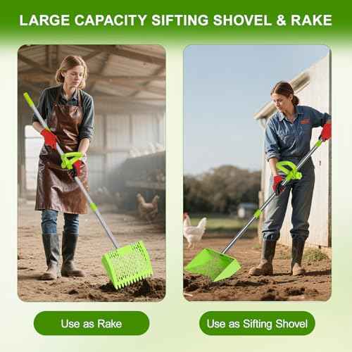 Chicken Poop Scooper & Rake 2-in-1,10" Wide Metal Sand Sifting Shovel with Grip,Adjustable Stainless Steel Handle,Cleaning Tools for Chicken Coops & Farm Animals Scoop (Green)