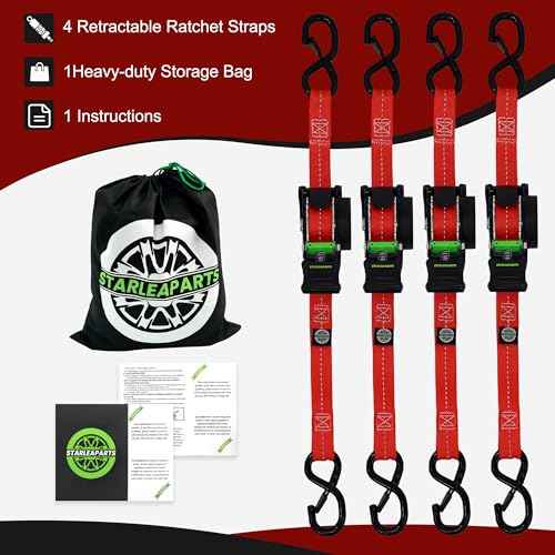 Retractable Ratchet Straps(4PK 1.0INX12FT) - 1,500lb Break Strength, Ratchet Strap Heavy Duty with Rubber Coated Handle, Perfect Auto Ratchet Straps for Motorcycle,Trucks (Red)