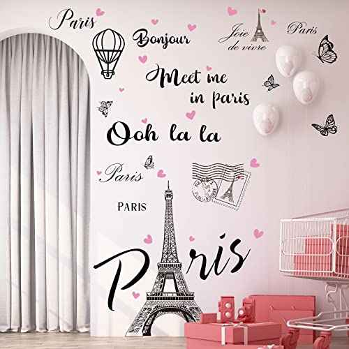 2 Sheets Paris Tower Wall Stickers Decor Paris Eiffel Tower Peel and Stick Wall Decal Large Black Removable Balloon Stickers for Bedroom Living Room Sofa Backdrop Romance Decoration