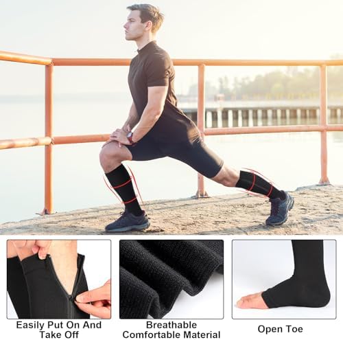 Nuanchu 3 Pairs Open Toe Zipper Compression Socks 20-30mmhg Men Compression Stockings Knee High Zipper Support Socks for Men Women Swelling Edema