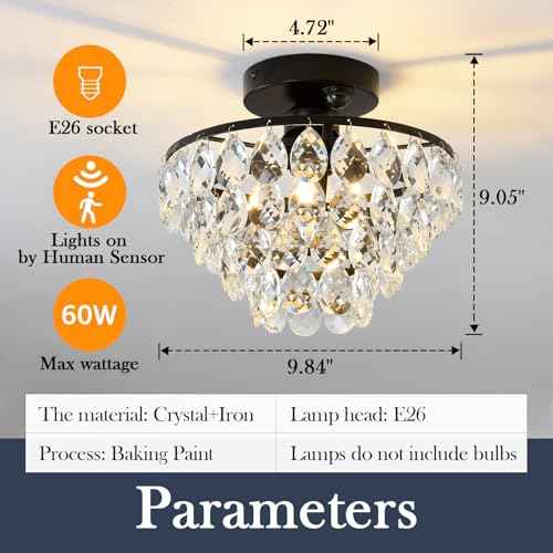 YYJLX Indoor Motion Sensor Ceiling Light Fixture Modern Cryatal Semi Flush Mount Ceiling Light Black Ovrehead Light Fixture for Porch Hallway Front Entryway Kitchen Hall Garage.