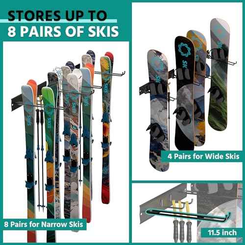 EVERHANGER Wall Mount Ski Rack for Garage, Ski Storage Hangers for Indoor/Outdoor, Wall Ski Holder Holds Up to 8 Pairs of Skis