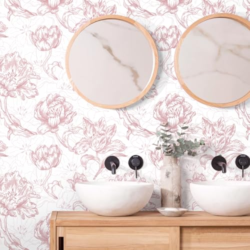 Timeet 17.7In ¡¿197In Pink Peel and Stick Wallpaper, Floral Peel and Stick Wallpaper Boho Contact Paper Removable Self Adhesive Bedroom Cabinet Mural Wall Decor Vinyl Roll