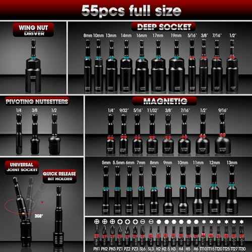 LLNDEI Magnetic Impact Nut Driver Set, 55PCS 1/4 socket set with Deep Driver Bit Sets Includes Bit Extension, Pivoting & Wing Nut Setters Compatible with Impact Drills & Deep Drivers