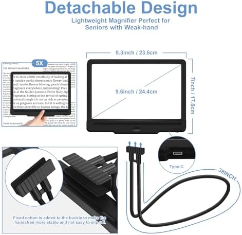 5X Hands Free Magnifying Glass with Light and Stand 43 Ultra-Bright LEDs, Page Magnifier for Reading, Neck Wear Large Magnifying Glass for Reading Small Prints Low Vision Elderly(Black)