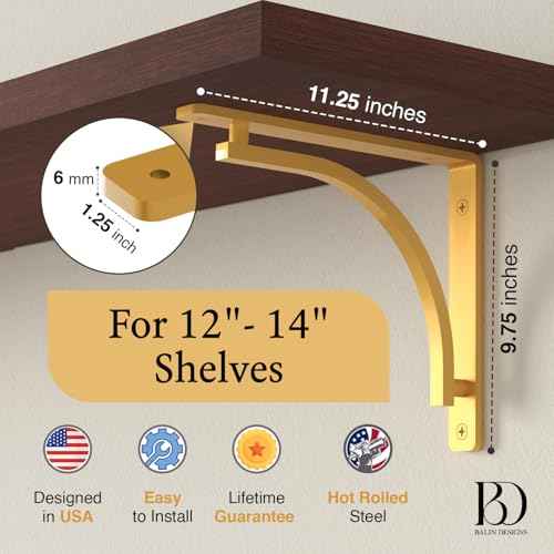 Classic Brass Heavy Duty Shelf Brackets 12 inch by Balin Designs ? Gold L Bracket, Wall Mounted Support, Shelving Metal Bracket, Decorative Shelf Brackets, with Hardware Included, Set of 2